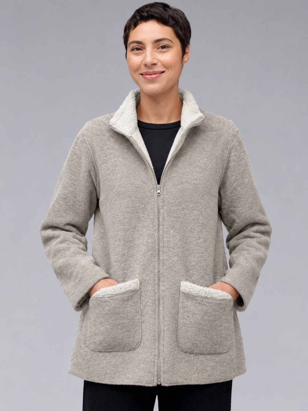 Denim&Co Light Grey Zip-Front Teddy Jacket